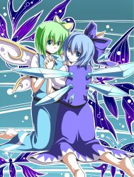Rule 34 | 2girls, adapted costume, bad id, bad pixiv id, barefoot, blue hair, blue theme, cirno, daiyousei, embodiment of scarlet devil, female focus, green hair, holding hands, mendou saya, multiple girls, touhou, wings