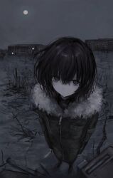 Rule 34 | 1girl, black hair, breast pocket, building, chan8016, closed mouth, coat, empty eyes, field, foreshortening, from above, full body, full moon, fur-trimmed coat, fur trim, grey theme, highres, holding, holding knife, knife, long sleeves, looking at viewer, looking up, messy hair, moon, muted color, night, original, outdoors, pale skin, pocket, short hair, solo, standing, zipper, zipper pull tab