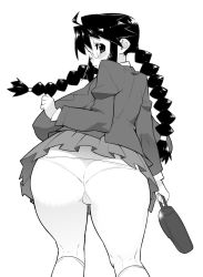 Rule 34 | 1girl, ahoge, ass, bad id, bad pixiv id, bag, black hair, blush, borrowed character, breasts, from behind, glasses, greyscale, huge breasts, long hair, looking back, monochrome, oinari (inarizushi), original, panties, pantyshot, school uniform, simple background, skirt, solo, twintails, underwear, upskirt, white background