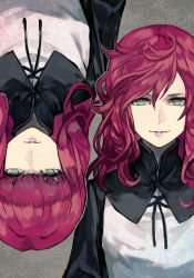 Rule 34 | 2girls, black capelet, capelet, cross-laced clothes, devola, dress, green eyes, hungry clicker, long hair, long sleeves, looking at viewer, messy hair, multiple girls, nier, nier (series), parted lips, popola, red hair, siblings, simple background, sisters, symmetry, twins, upside-down, wide sleeves