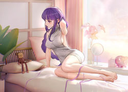 Rule 34 | 1girl, arm up, bare arms, bare legs, bare shoulders, barefoot, bed, blunt bangs, breasts, commentary request, genshin impact, grey sweater, indoors, large breasts, long hair, maoy123, meme attire, pillow, purple eyes, purple hair, raiden shogun, sitting, solo, sweater, thighs, very long hair, virgin killer sweater, yokozuwari