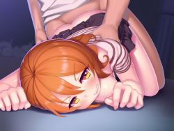 Rule 34 | 1girl, all fours, angry, ass, blush, bottomless, breast press, breasts, clothes lift, dmm, drive on requesta, embarrassed, game cg, legs, looking at viewer, no panties, orange eyes, orange hair, sex, short hair, simple background, skirt, skirt lift, solo focus, thighs, top-down bottom-up, vaginal