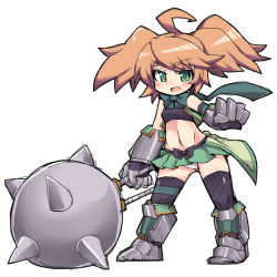 Rule 34 | 1girl, ahoge, armored boots, black thighhighs, boots, brown hair, dina (sennen sensou aigis), full body, gauntlets, green eyes, huge ahoge, looking at viewer, mace, microskirt, navel, nemui (nemui), panties, pleated skirt, sennen sensou aigis, simple background, skirt, solo, spiked mace, spikes, standing, stomach, thighhighs, twintails, underwear, weapon, white background, white panties
