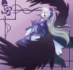 Rule 34 | 00s, amagase lyle, angel wings, black wings, feathers, gothic lolita, lolita fashion, long hair, rozen maiden, solo, suigintou, white hair, wings, yellow eyes