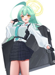 Rule 34 | 1girl, absurdres, ahoge, aqua eyes, aqua necktie, black gloves, black skirt, blue archive, blush, bra visible through clothes, breasts, briefcase, carrying over shoulder, chest harness, commentary, connyalow, gloves, halo, harness, highres, holding, holding briefcase, large breasts, long sleeves, miniskirt, necktie, open mouth, pleated skirt, puffy long sleeves, puffy sleeves, shirt, simple background, skirt, smile, solo, thighs, white background, white shirt, yellow eyes, yellow halo, yume (blue archive)