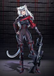 Rule 34 | absurdres, animal ears, ar-15, black suit, cat ears, cat girl, cat tail, corvax station, formal, gun, highres, non-web source, red eyes, rifle, space station 13, space station 14, ss13, ss14, suit, tail, weapon, werkas, white fur, white hair