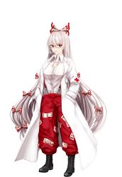 Rule 34 | 1girl, absurdres, baggy pants, black footwear, blouse, boots, bow, buttons, cigarette, collared shirt, cross, fujiwara no mokou, full body, glasses, highres, hime cut, lab coat, long hair, long sleeves, ofuda, ofuda on clothes, pants, red cross, red eyes, red pants, shirt, sidelocks, sleeve garter, smoking, solo, standing, suspenders, tachi-e, tk31, touhou, transparent background, very long hair, white bow, white hair, white shirt