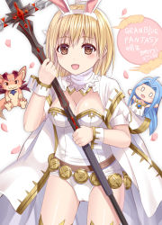 Rule 34 | 1girl, :d, animal, animal ears, bad id, bad pixiv id, blonde hair, blue hair, blush, brown eyes, character doll, copyright name, djeeta (granblue fantasy), dragon, fake animal ears, granblue fantasy, hair between eyes, hairband, holding, holding weapon, jacket, leotard, long hair, lyria (granblue fantasy), open mouth, rabbit ears, revision, sage (granblue fantasy), short sleeves, smile, solo, strapless, strapless leotard, thighhighs, translated, tukino neru, vyrn (granblue fantasy), weapon, white hairband, white jacket, white leotard, wrist cuffs