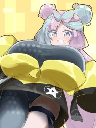 Rule 34 | 1girl, alternate breast size, bow-shaped hair, breasts, character hair ornament, creatures (company), enostal, game freak, grey pantyhose, hair ornament, hexagon print, highres, huge breasts, iono (pokemon), jacket, long hair, low-tied long hair, multicolored hair, nintendo, oversized clothes, pantyhose, pink eyes, pink hair, pokemon, pokemon sv, shirt, single leg pantyhose, sleeveless, sleeveless shirt, sleeves past fingers, sleeves past wrists, solo, twintails, two-tone hair, very long hair, yellow jacket