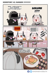 Rule 34 | 1other, 3girls, 3koma, ambiguous gender, arknights, artist name, black horns, black suit, black veil, bow, bowtie, burger, comic, commentary, cup, doctor (arknights), drinking glass, english commentary, english text, food, formal, highres, holding, holding cup, horns, irene (arknights), kinohara kossuta, long hair, mudrock (arknights), multiple girls, open mouth, pink bow, pink bowtie, pizza, pizza slice, plate, red eyes, sitting, specter (arknights), suit, veil, white hair, wine glass