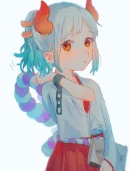 Rule 34 | 1girl, aged down, alternate breast size, bandaid, bandaid on face, bandaid on nose, blue hair, book, child, female focus, flat chest, green hair, hair ornament, hakama, hakama pants, highres, holding, holding book, horns, japanese clothes, kimono, looking at viewer, machida 0906, multicolored hair, nose, one piece, orange eyes, pants, parted lips, ponytail, red hakama, red horns, rope, shimenawa, sidelocks, simple background, solo, upper body, white background, white hair, white kimono, yamato (one piece)