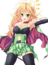 Rule 34 | 1girl, :d, antenna hair, armpits, bare shoulders, belt, black gloves, black thighhighs, blonde hair, blush, braid, breasts, cape, cleavage, clothes writing, clothing cutout, collar, collarbone, cowboy shot, dress, drill hair, duel monster, elbow gloves, fur trim, gloves, green eyes, highres, holding, holding weapon, long hair, looking at viewer, navel, navel cutout, open mouth, outstretched arm, rera the ritual beast tamer, ritual beast tamer lara, runes, short dress, simple background, smile, solo, staff, takayuuki, thighhighs, weapon, yu-gi-oh!, zettai ryouiki