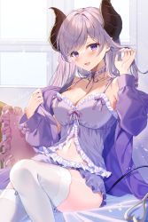 Rule 34 | 1girl, nanashi inc., :d, bare shoulders, blush, bow, breasts, choker, collarbone, cowboy shot, demon girl, demon horns, demon tail, frilled shorts, frills, heart, heart tail, highres, honey strap, horns, indoors, jacket, lace, lace choker, large breasts, lingerie, long hair, looking at viewer, mole, mole under mouth, myusha, navel, negligee, open clothes, open jacket, open mouth, pillow, purple bow, purple eyes, purple hair, purple jacket, saionji mary, shiny skin, shorts, sitting, smile, solo, tail, thighhighs, underwear, virtual youtuber, white thighhighs, window