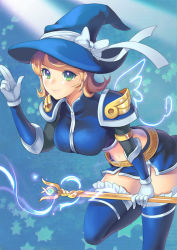 Rule 34 | 1girl, blonde hair, blue thighhighs, boots, breasts, dakun, gloves, hat, large breasts, league of legends, lux (league of legends), midriff, skirt, solo, sorceress lux, staff, thigh boots, thighhighs, witch hat