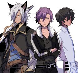 Rule 34 | 10s, 3boys, animal ears, arjuna (fate), bad id, bad pixiv id, black hair, blue eyes, cropped jacket, crossed arms, crossover, dark-skinned male, dark skin, ensemble stars!, erune, eustace (granblue fantasy), fate/grand order, fate (series), fur trim, granblue fantasy, gun, hair between eyes, hair over one eye, jacket, male focus, multiple boys, multiple crossover, open clothes, open jacket, otogari adonis, purple hair, rifle, silver hair, sudachips, trait connection, weapon, yellow eyes