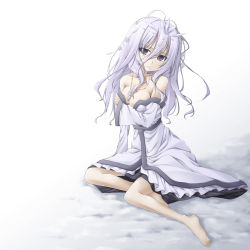 Rule 34 | 1girl, alternate costume, barefoot, breasts, cleavage, female focus, full body, hair ornament, highres, ice, jewelry, letty whiterock, long hair, medium breasts, miyupon, necklace, no headwear, no headwear, off shoulder, purple eyes, snow, solo, touhou, white hair, yuki onna