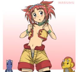 Rule 34 | 00s, 1girl, ace (dinosaur king), blush, border, breasts, carnotaurus, dinosaur, dinosaur king, gabu (dinosaur king), gradient background, grey eyes, looking at viewer, midriff, navel, no bra, open fly, open mouth, outside border, panties, panty peek, red hair, short hair, shorts, small breasts, standing, sunglasses, sunglasses on head, takaya n, tatsuno malm, thighhighs, triceratops, twintails, underwear, white border, white panties