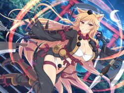 Rule 34 | 1girl, animal ears, armor, bead necklace, beads, blush, breasts, cleavage, cleaver, flanged mace, fox ears, gourd, halberd, japanese armor, japanese clothes, jewelry, kumi (senran kagura), large breasts, long hair, looking at viewer, mace, necklace, official alternate costume, official art, orange hair, polearm, pom pom (clothes), prayer beads, red eyes, senran kagura, senran kagura new link, senran kagura new wave, sickle, smile, solo, torii, very long hair, weapon, yaegashi nan