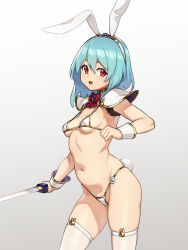Rule 34 | 1girl, :d, animal ears, armor, bikini, blue hair, blush, bow, bowtie, breasts, cowboy shot, fake animal ears, fake tail, gradient background, grey background, hair between eyes, hairband, highres, holding, holding sword, holding weapon, houtengeki, looking at viewer, micro bikini, navel, open mouth, original, pauldrons, rabbit ears, rabbit tail, red bow, red bowtie, red eyes, short hair, shoulder armor, skindentation, small breasts, smile, solo, stomach, swimsuit, sword, tail, thighhighs, underboob, weapon, white bikini, white hairband, white thighhighs, wrist cuffs