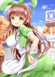 Rule 34 | 1girl, apron, ass, autumn leaves, blend s, blue sky, blush, brand name imitation, breasts, brown hair, building, cloud, commentary request, company connection, convenience store, dated, day, dress, flying sweatdrops, gochuumon wa usagi desu ka?, green dress, green eyes, green ribbon, hair ribbon, highres, impossible clothes, impossible dress, large breasts, lawson, long hair, looking at viewer, looking to the side, maid apron, manga time kirara, open mouth, outdoors, puffy short sleeves, puffy sleeves, ribbon, sakuranomiya maika, shop, short sleeves, sky, solo, standing, tree, twitter username, ujimatsu chiya, very long hair, white apron, xenon (for achieve)