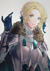Rule 34 | 1girl, armor, black gloves, blonde hair, breastplate, closed mouth, commentary, english commentary, fire emblem, fire emblem: three houses, fur collar, gloves, green eyes, grey background, hair ornament, ingrid brandl galatea, lips, looking at viewer, nintendo, pink lips, short hair, shoulder armor, simple background, smile, solo, tsukimura noe, upper body