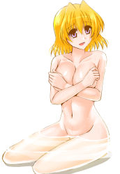 Rule 34 | 1girl, blonde hair, breast hold, breasts, cleavage, commentary request, covering privates, covering breasts, engo (aquawatery), hair intakes, large breasts, lyrical nanoha, mahou shoujo lyrical nanoha, mahou shoujo lyrical nanoha a&#039;s, navel, nude, open mouth, partially submerged, purple eyes, shamal, short hair, simple background, smile, solo, water, white background