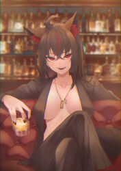 Rule 34 | 1girl, a9 (repainter), absurdres, ahoge, alcohol, animal ear fluff, animal ear piercing, animal ears, bar (place), black hair, black jacket, black pants, blurry, blurry background, bottle, bracelet, braid, breasts, chromatic aberration, collarbone, commentary, couch, crossed bangs, crossed legs, cup, ear piercing, earrings, eyelashes, fangs, fingernails, fox ears, fox girl, fox tail, gold necklace, hair between eyes, highres, holding, holding cup, hololive, indoors, jacket, jewelry, kurokami fubuki, lapels, large breasts, long hair, long sleeves, looking at viewer, multicolored hair, nail polish, necklace, on couch, open clothes, open jacket, open mouth, pants, piercing, red eyes, red hair, red nails, shelf, side braid, sidelocks, single braid, sitting, smile, solo, streaked hair, symbol-only commentary, tail, teeth, tongue, tumbler glass, v-shaped eyebrows, virtual youtuber