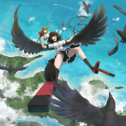 Rule 34 | 1girl, absurdres, bird, black hair, boat, camera, cloud, crow, fasnakegod, feathers, flying, hand fan, hat, highres, holding, holding camera, looking at viewer, ocean, open mouth, red eyes, red hat, scenery, shameimaru aya, smile, solo, touhou, upside-down, watercraft, wings