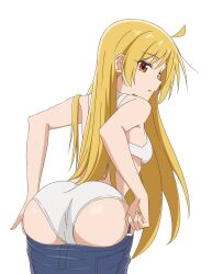 Rule 34 | 1girl, absurdres, ahoge, ass, ass focus, blonde hair, bocchi the rock!, bra, clothes pull, commentary, from behind, highres, ijichi seika, long hair, panties, pants, pants pull, parted lips, red eyes, simple background, solo, thundradrawings, underwear, undressing, upper body, white background, white bra, white panties
