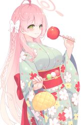 Rule 34 | 1girl, ahoge, bag, blue archive, blush, bow, braid, breasts, candy apple, cherry blossom print, closed mouth, commentary, dango, fingernails, floral print, food, gradient hair, green eyes, green kimono, hair bow, halo, hanako (blue archive), handbag, highres, holding, holding food, japanese clothes, kimono, large breasts, long hair, long sleeves, looking at viewer, multicolored hair, obi, parsleyshrimp, pink hair, red sash, sash, simple background, single braid, smile, solo, wagashi, white background, white bow, wide sleeves, yukata