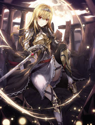 Rule 34 | 1girl, armor, blonde hair, blush, breasts, closed mouth, fantasy, full body, full moon, gywlsfkdl, highres, holding, holding sword, holding weapon, long hair, looking at viewer, magic, moon, night, night sky, original, pale skin, red eyes, sitting, sky, solo, sword, weapon