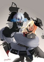 Rule 34 | 10s, 2girls, :d, abyssal ship, bare shoulders, bismarck (kancolle), black legwear, blonde hair, blue eyes, blush, breasts, broken, coiled, colored skin, eyebrows, fang, gradient background, grey skin, hair between eyes, hat, highres, hood, kantai collection, kion-kun, kneeling, large breasts, long hair, looking at another, looking back, medium breasts, monster girl, multiple girls, navel, one eye closed, open mouth, peaked cap, re-class battleship, restrained, silver hair, smile