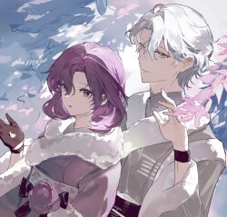 Rule 34 | 1boy, 1girl, absurdres, black gloves, black sash, black wristband, cherry blossoms, commentary, commentary request, commission, fur-trimmed kimono, fur trim, gloves, grey eyes, grey kimono, highres, japanese clothes, kimono, looking at viewer, original, outdoors, purple eyes, purple hair, purple kimono, sash, short hair, twice12314, twitter username, white hair
