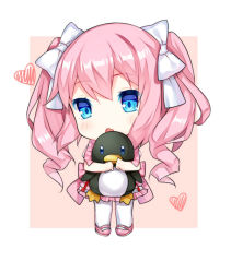 Rule 34 | 1girl, :o, beige background, blue eyes, blush, bow, chestnut mouth, chibi, closers, commentary request, dress, fang, frilled dress, frills, full body, hair between eyes, hair bow, heart, hugging object, long hair, looking at viewer, pantyhose, pink dress, pink footwear, pink hair, seulbi lee, shoes, sidelocks, solo, standing, stuffed animal, stuffed penguin, stuffed toy, tengxiang lingnai, twintails, white bow, white pantyhose