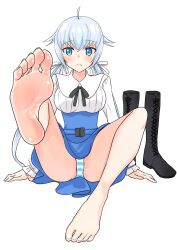 Rule 34 | 1girl, absurdres, barefoot, blue eyes, blue hair, blush, boots, dodo (purofu hitsudoku), feet, frame arms girl, highres, light blue hair, long hair, looking at viewer, low twintails, panties, pantyshot, shoes, soles, striped clothes, striped panties, stylet, toes, transparent background, twintails, underwear, unworn boots, unworn shoes