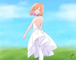 Rule 34 | 1girl, :d, ^ ^, backless dress, backless outfit, bare arms, bare shoulders, blue sky, blush, closed eyes, cloud, commentary, day, dress, eyebrows hidden by hair, facing viewer, feet out of frame, from behind, go-toubun no hanayome, green ribbon, highres, kujou karasuma, nakano yotsuba, open mouth, orange hair, outdoors, pleated dress, ribbon, signature, sky, smile, solo, symbol-only commentary, thighhighs, white dress, white thighhighs