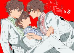 Rule 34 | 10s, 3boys, boy sandwich, brown eyes, brown hair, fate/extella, fate/extra, fate/extra ccc, fate (series), kishinami hakuno (male), male focus, multiple boys, multiple persona, parted lips, red background, sandwiched, tatsuta age