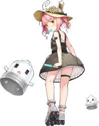 Rule 34 | 1girl, absurdres, akicolle, back, bare back, black bow, blush, bow, dress, eating, eyebrows, food, from behind, full body, hat, highres, holding, looking at viewer, looking back, mouth hold, namaru (summer dandy), official art, pink hair, popsicle, roller skates, short hair, short twintails, skates, solo, sun hat, sweat, transparent background, triangle mouth, twintails, yellow eyes