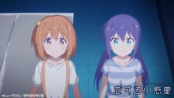 2girls anime_screenshot blue_eyes blue_hair hair_ornament koisuru_asteroid konohata_mira long_hair looking_up manaka_ao multiple_girls night official_art orange_eyes orange_hair shirt short_hair smile star_(symbol) star_hair_ornament twintails