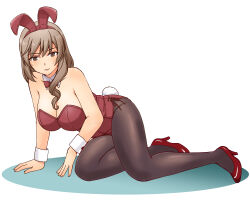 Rule 34 | 1girl, absurdres, animal ears, black pantyhose, blush, bow, bowtie, breasts, brown eyes, brown hair, cleavage, fake animal ears, fake tail, full body, girls und panzer, high heels, highres, large breasts, leotard, long hair, looking at viewer, pantyhose, parted lips, playboy bunny, rabbit ears, rabbit tail, red bow, red bowtie, red leotard, shimada chiyo, simple background, solo, tail, uona telepin, white background