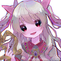 Rule 34 | 1girl, alternate hairstyle, blonde hair, blush, chaos marie (grimms notes), gradient hair, grimms notes, hair ribbon, heart, heart-shaped pupils, highres, holding, holding wand, holding weapon, jewelry, long hair, multicolored hair, necklace, odx xho, open mouth, pendant, pink eyes, puffy short sleeves, puffy sleeves, ribbon, short sleeves, simple background, smile, symbol-shaped pupils, twintails, upper body, wand, weapon, white background