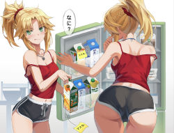 Rule 34 | 1girl, ass, back, bare shoulders, blonde hair, braid, breasts, camisole, carton, collarbone, dolphin shorts, fate/apocrypha, fate (series), french braid, green eyes, grey shorts, hair ornament, hair scrunchie, highres, jewelry, licking lips, long hair, looking at viewer, mordred (fate), mordred (fate/apocrypha), multiple views, navel, necklace, ponytail, red camisole, refrigerator, revision, scrunchie, short shorts, shorts, sidelocks, small breasts, tonee, tongue, tongue out, translated