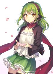 Rule 34 | 1girl, breasts, brown eyes, brown thighhighs, cherry blossoms, cleavage, collarbone, earrings, green hair, hairband, jacket, jewelry, long hair, long sleeves, momoko (momopoco), necktie, open clothes, open jacket, original, pendant, petals, red scarf, scarf, shirt, skirt, small breasts, solo, thighhighs, wide sleeves, zettai ryouiki