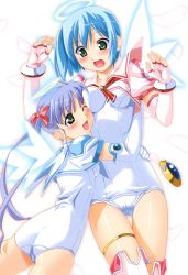 Rule 34 | 2girls, :o, ;d, absurdres, angel, ass, blue hair, blush, bob cut, bow, bracelet, breast press, breasts, cameltoe, crop top, cross, djibril (makai tenshi djibril), djibril aries, elbow gloves, embarrassed, feathers, fingerless gloves, flat chest, gem, gloves, glowing, green eyes, hair bow, halo, highres, hug, jewelry, jinno hikari, kuuchuu yousai, long hair, magical girl, makai tenshi djibril, makai tenshi djibril 2, manabe rika, multiple girls, necktie, official art, one-piece swimsuit, one eye closed, open mouth, parted bangs, pink legwear, sailor collar, scan, school swimsuit, shiny skin, short hair, sidelocks, simple background, smile, standing, surprised, sweatdrop, swimsuit, swimsuit costume, swimsuit under clothes, thigh gap, thigh strap, thighhighs, thighs, twintails, very long hair, white one-piece swimsuit, white school swimsuit, wings