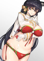 Rule 34 | 1girl, animal ears, artist name, atago (azur lane), azur lane, bell, between fingers, bikini, black hair, breast suppress, breasts, character name, christmas, christmas tree, cleavage, closed mouth, clothes lift, clothes writing, condom, condom wrapper, cowboy shot, gloves, hair bell, hair ornament, highres, holding, holding condom, large breasts, lifted by self, lips, long hair, long sleeves, looking at viewer, mole, mole under eye, navel, pandea work, red bikini, simple background, smile, solo, standing, swimsuit, white background, white gloves, yellow eyes