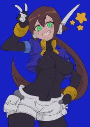 Rule 34 | 1girl, absurdres, aile (mega man zx), black bodysuit, blue background, blue jacket, bodysuit, bodysuit under clothes, breasts, brown hair, buzzlyears, covered collarbone, cowboy shot, cropped jacket, green eyes, hand on own hip, highres, jacket, large breasts, long hair, looking at viewer, mega man (series), mega man zx, mega man zx advent, open clothes, open jacket, ponytail, shorts, simple background, smile, solo, v, white shorts