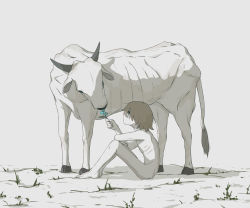 Rule 34 | 1boy, absurdres, anorexic, avogado6, barefoot, blue flower, brown hair, cow, feeding, flower, from side, grey background, grey eyes, highres, holding, no mouth, nude, original, profile, ribs, simple background, sitting, spot color