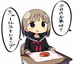 Rule 34 | 1girl, black eyes, brown hair, can, canned food, character request, commentary, desk, kanikama, long sleeves, neckerchief, original, school desk, school uniform, short hair, sitting, solo, speech bubble, surstromming, translated