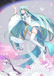 Rule 34 | 1girl, aqua hair, bow, cherry blossoms, command spell, commentary request, dragon girl, dragon horns, fate/grand order, fate (series), highres, horns, japanese clothes, kimono, kiyohime (fate), long hair, obi, pixiv fate/grand order contest 2, sash, snake, solo focus, thighhighs, very long hair, water, white thighhighs, wide sleeves, yellow bow, yellow eyes, yuura