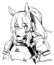 Rule 34 | 1girl, animal ears, arknights, armor, commentary request, cropped torso, greyscale, hair between eyes, headset, horse ears, implied extra ears, looking at viewer, monochrome, nearl (arknights), ponytail, rhodes island logo (arknights), simple background, sketch, solo, split mouth, twitter username, upper body, white background, yom (ymayma00ss)